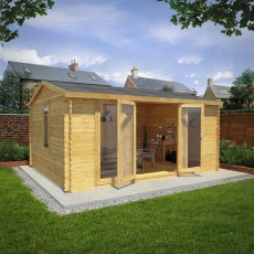 5m x 4m Home Office Director Log Cabin (28mm To 44mm Logs) - in situ, angle view, doors open