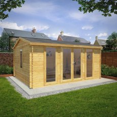 5m x 4m Home Office Director Log Cabin (28mm To 44mm Logs) - in situ, angle view, doors closed
