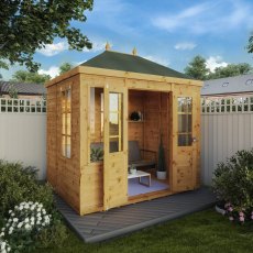 8x6 Mercia Clover Summerhouse - in situ, angle view, doors open