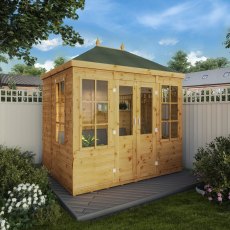8x6 Mercia Clover Summerhouse - in situ, angle view, doors closed