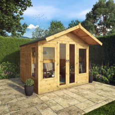 8x8 Mercia Premium Sussex Summerhouse - in situ, angle view, doors closed