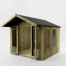 Mercia Premium Sussex 8x8 summerhouse angled front view with veranda and glazing