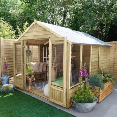 8x10 Forest Oakley Summerhouse - Pressure Treated, in situ, angle view, doors open