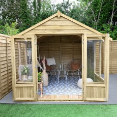 8x10 Forest Oakley Summerhouse - Pressure Treated, in situ, front view, doors open