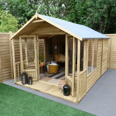 8x12 Forest Oakley Summerhouse with Verandah - Pressure Treated - In Situ - angle view, doors open