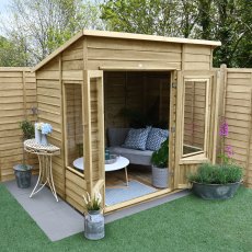 7x5  Forest Oakley Pent Summerhouse - Pressure Treated - in situ, angle view, doors open