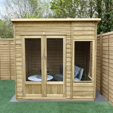 7x5  Forest Oakley Pent Summerhouse - Pressure Treated - in situ, front view, doors closed