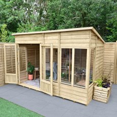 10x6 Forest Oakley Pent Summerhouse - Pressure Treated - in situ, angle view, doors open