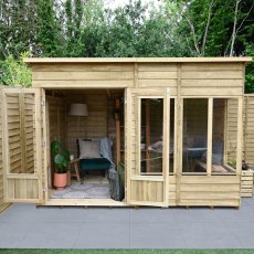 10x6 Forest Oakley Pent Summerhouse - Pressure Treated - in situ, front view, doors open