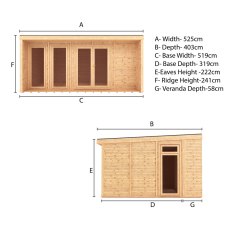 5m x 3m Mercia Creswell Insulated Garden Room with Veranda - Dimensions