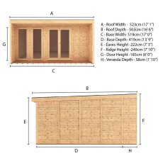 5m x 4m Mercia Creswell Insulated Garden Room with Veranda - Dimensions