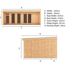 6m x 4m Mercia Creswell Insulated Garden Room with Veranda - Dimensions