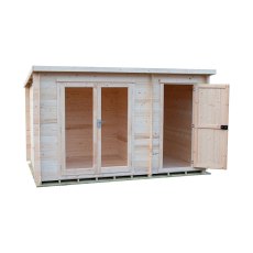 8G x 12 (2.39m x 3.59m) Shire Walsoken Log Cabin with Side Shed - Angle View, Door Open