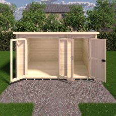 8G X 12 (2.39m X 3.59m) Shire Walsoken Log Cabin With Side Shed (19mm Logs) - in situ, front view, doors open