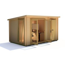 8Gx12 Shire Walsoken Log Cabin with Side Shed (19mm Logs) - Isolated, Doors Open