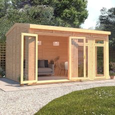 The Mercia Rufford Premium Insulated Garden Room 4m x 3m - in situ, angle view, doors open
