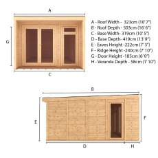 3m x 4m Mercia Creswell Insulated Garden Room with Veranda - Dimensions
