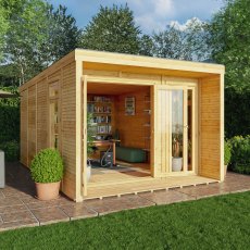 The Mercia Creswell Premium Insulated Garden Room 3m x 4m - in situ, angle view, doors open