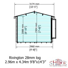 10Gx14 Shire Rivington Log Cabin (28mm logs) - side dimensions
