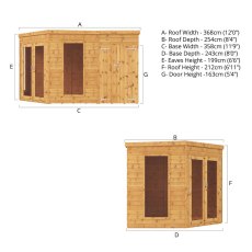 12x8  Mercia Corner Summerhouse with Side Shed - dimensions