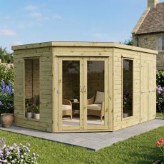 Front angle view of Mercia 8x8 corner summerhouse with glazed double doors and side shed