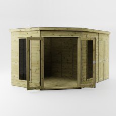 Mercia corner summerhouse with side shed and open double doors showing interior