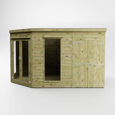 Side perspective view of Mercia 8x8 corner summerhouse with attached storage shed