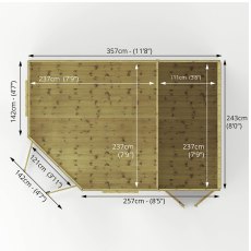 Floor plan of Mercia 8x8 corner summerhouse with side shed and internal measurements