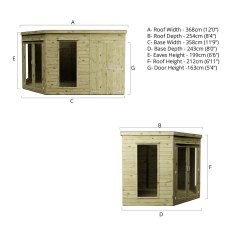 Mercia 8x8 corner summerhouse with side shed dimensions diagram with elevation views