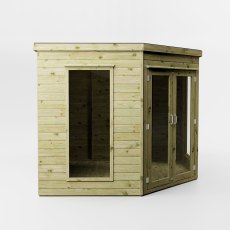 Rear angle view of Mercia corner summerhouse with side storage section and timber cladding
