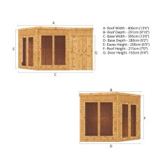 13x9  Mercia Corner Summerhouse with Side Shed - dimensions