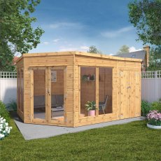 13x9  Mercia Corner Summerhouse with Side Shed - in situ - angle view - doors closed