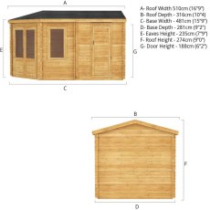 17x10 Mercia Corner Lodge Plus Log Cabin with Side Shed - dimensions