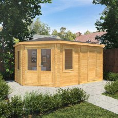 17x10 Mercia Corner Lodge Plus Log Cabin with Side Shed - in situ - angle view - doors closed