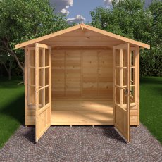 8x8 Shire Delmora Summerhouse - in situ, front view, doors open