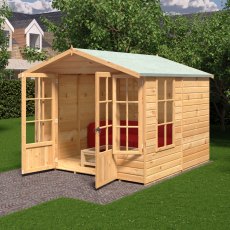 8x8 Shire Delmora Summerhouse - in situ, angle view, doors open