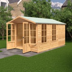 8x12 Shire Delmora Summerhouse - in situ, angle view, doors open