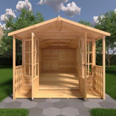 8x14 Shire Delmora Summerhouse - in situ, front view, doors open