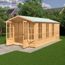 8x16  Shire Delmora Summerhouse - in situ, angle view, doors open