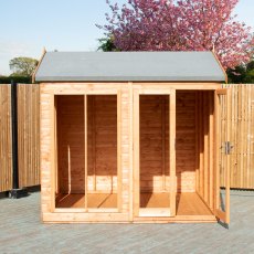 8x8 Shire Mayfield Summerhouse - in situ, angle view, doors open