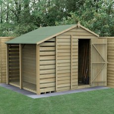 6x8 Forest 4Life Overlap Windowless Apex Shed with Lean To - insitu with doors open