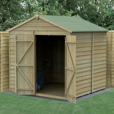 7x7 Forest 4Life Overlap Windowless Apex Shed with Double Doors - insitu with doors open