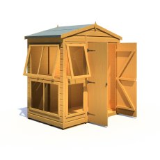 6x4 Shire Shiplap Apex Sun Hut Potting Shed - isolated angle view, doors open