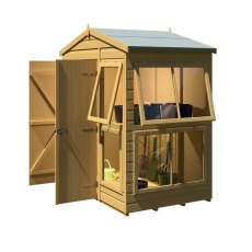 6x4 Shire Shiplap Apex Sun Hut Potting Shed - in situ - angle view