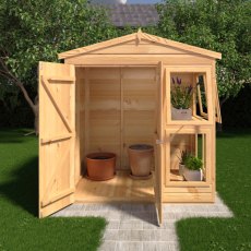 6 X 4 Shire Shiplap Apex Sun Hut Potting Shed - in situ, front view, doors open