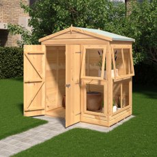 6 X 4 Shire Shiplap Apex Sun Hut Potting Shed - in situ, doors open