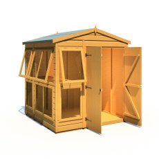 6x6 Shire Shiplap Apex Sun Hut Potting Shed - isolated angle view, doors open