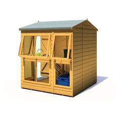 6x6 Shire Shiplap Apex Sun Hut Potting Shed -  in situ, side angle view