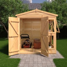 6 x 6 Shire Shiplap Apex Sun Hut Potting Shed - in situ, front view, doors open