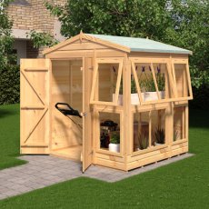 6 x 6 Shire Shiplap Apex Sun Hut Potting Shed - in situ, angle view, doors open
